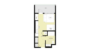 Studio floor plan with Murphy bed, galley kitchen, bathroom and patio.