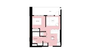 One-bedroom floor plan with living area, kitchen, bathroom, and patio.