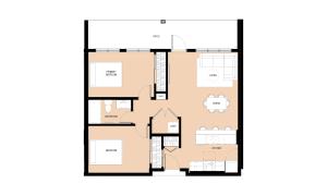 Two-bedroom floor plan with living and dining area, kitchen with breakfast bar, and larger patio.
