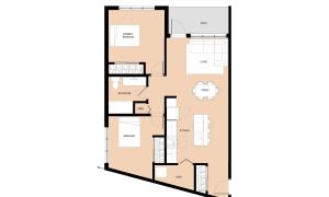 Two-bedroom angled floor plan with living and dining area, kitchen with breakfast bar, and smaller patio.