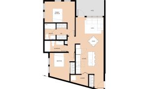 Two-bedroom angled floor plan with two bathrooms, living and dining area, kitchen with breakfast bar, and smaller patio.