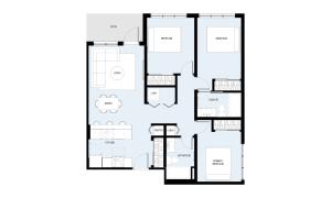 Three-bedroom floor plan with two bathrooms, living and dining area, kitchen with breakfast bar and pantry, and smaller patio.