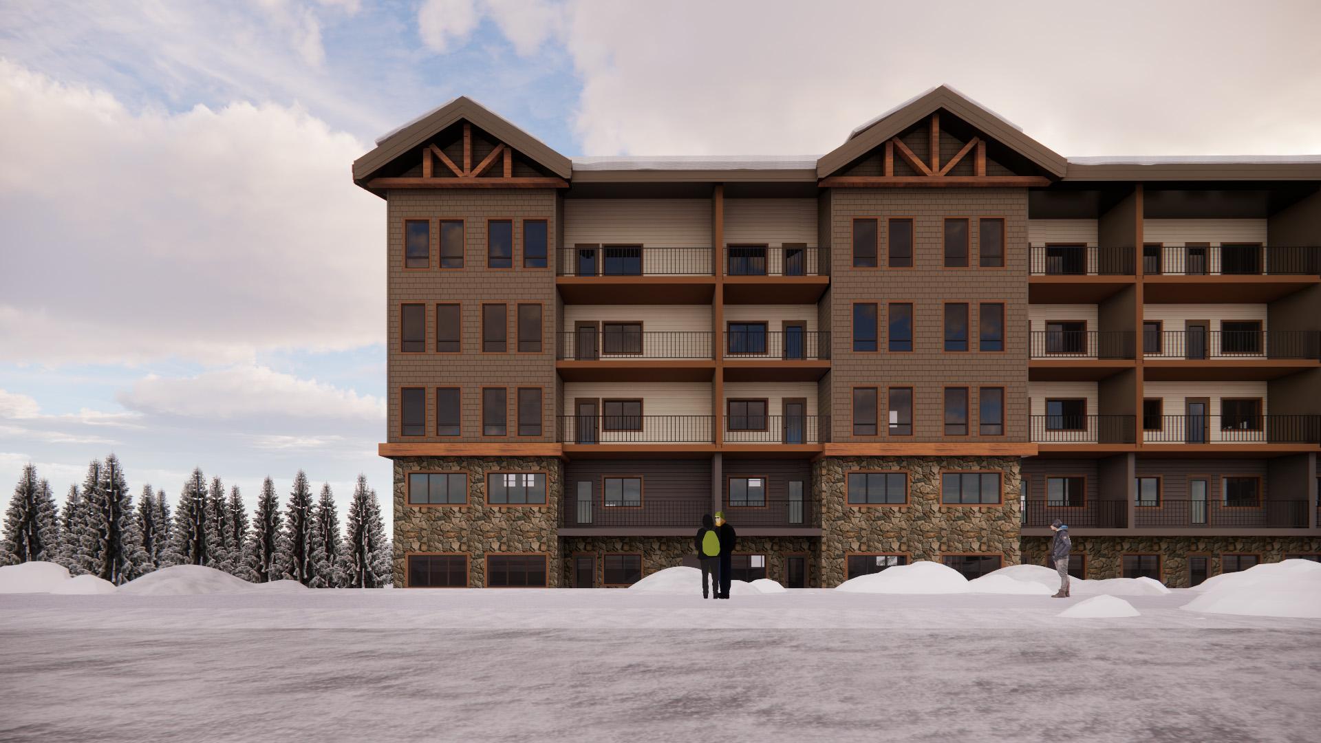 Side view of a six-story lodge with balconies, roof with peaked accents, stone base and snowy surroundings.