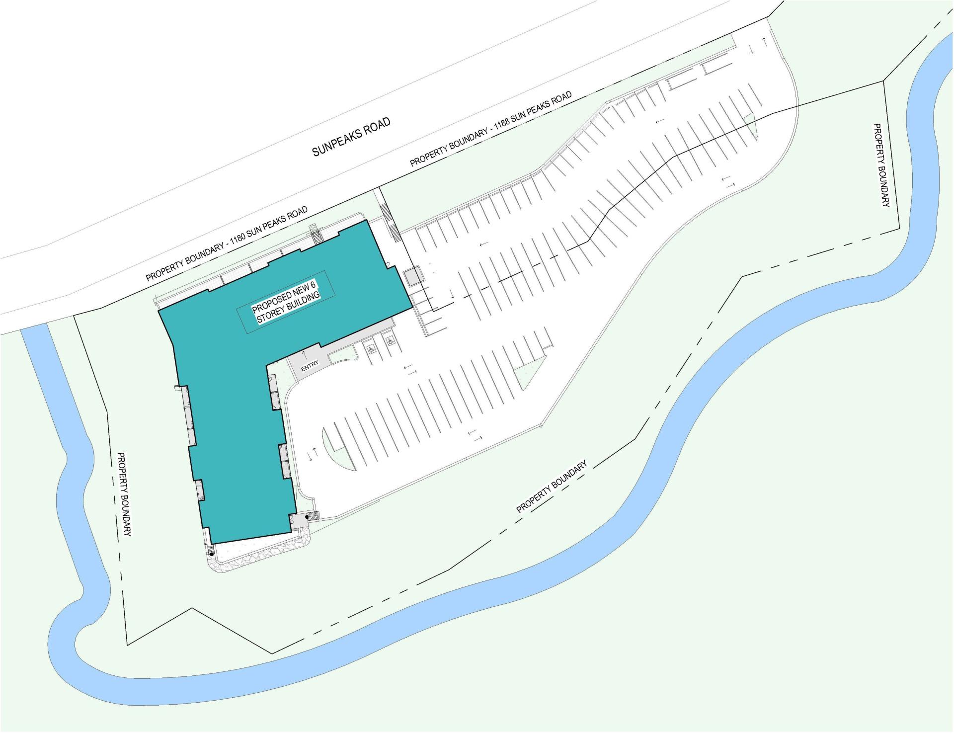 Site plan showing proposed six storey building, adjacent parking lot, and property boundary bordering surrounding waterway.